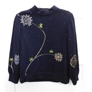 St John Evening Black Knit Frog Flower Jeweled Studded Sweater sz‎ 2